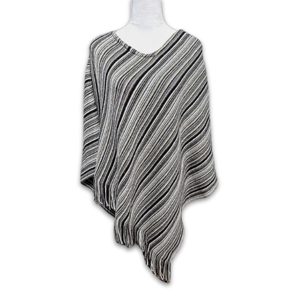 OSFM Poncho V-Neck Batwing Sleeves Boho Inspired Striped Multicolor Women's OS